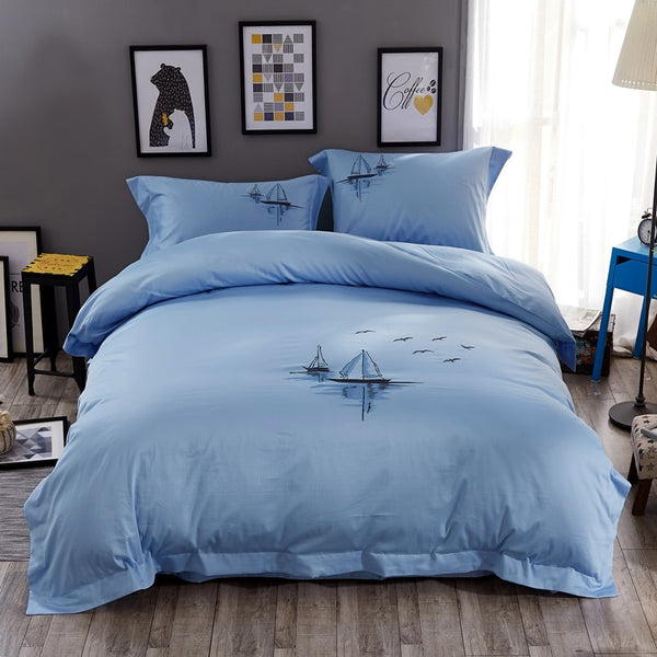 4pcs Luxury Egypt cotton Sailing boat Bedding set Embroidery
