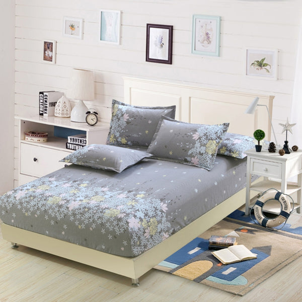 Plaid Polyester Bedsheet Gray Floral Printed Bedding Fitted Sheet