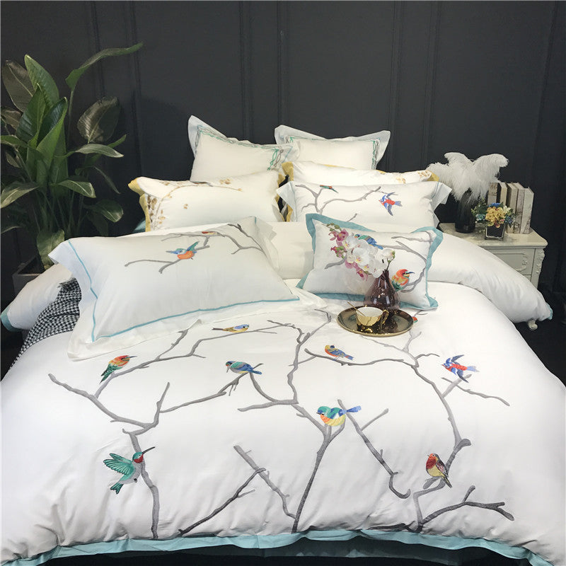 Autumn Winter egyptian cotton Bedding Set birds embroidery