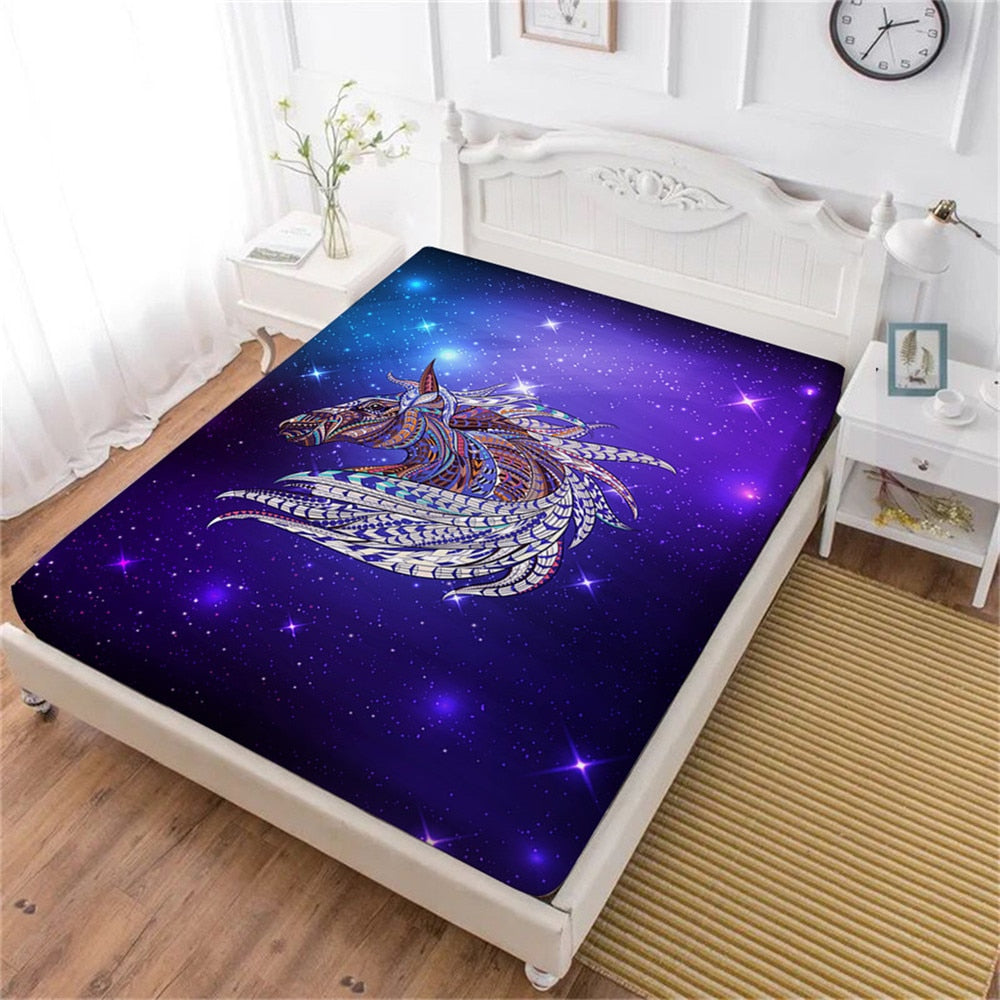 Multi-Color Horse Print Bed Sheet 3D Galaxy Animal Fitted Sheet