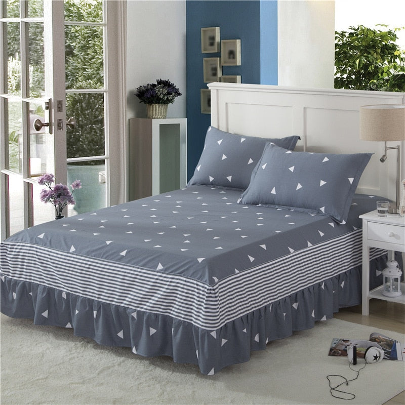 Geometric Striped Bed Skirt Ruffled Princess Bedsheet