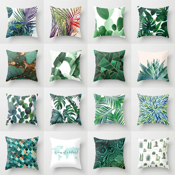 Elife Retro Green Leaves Cactus Linen cotton cushion case