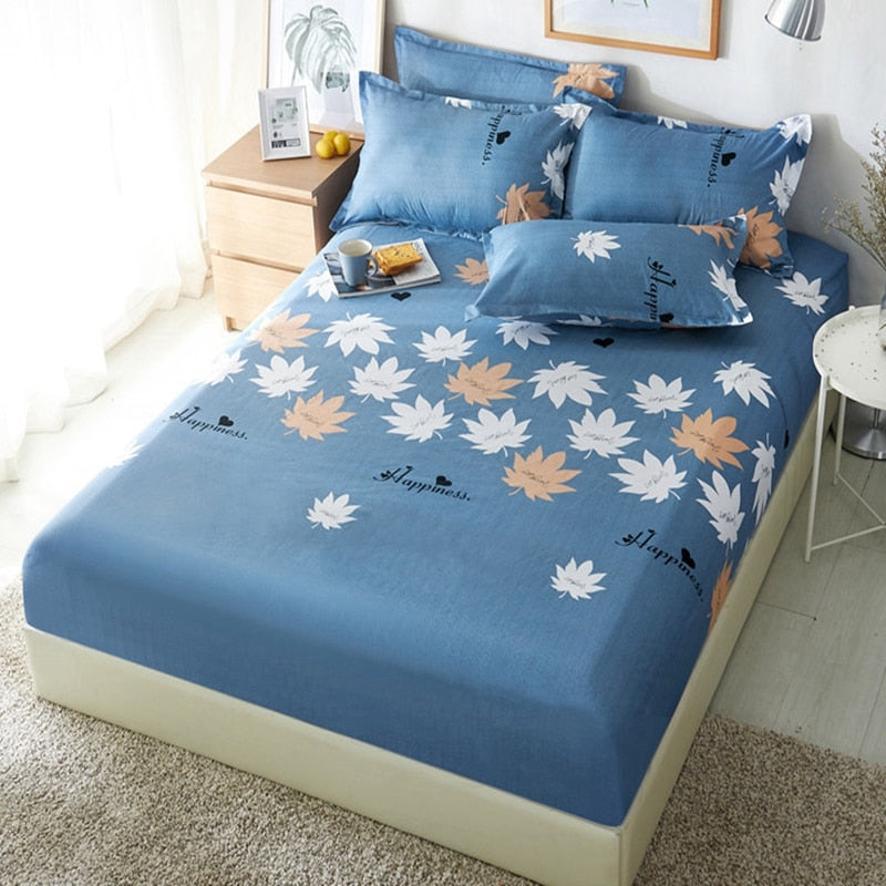 Polyester White Yellow Leaves Printed Bed Sheet