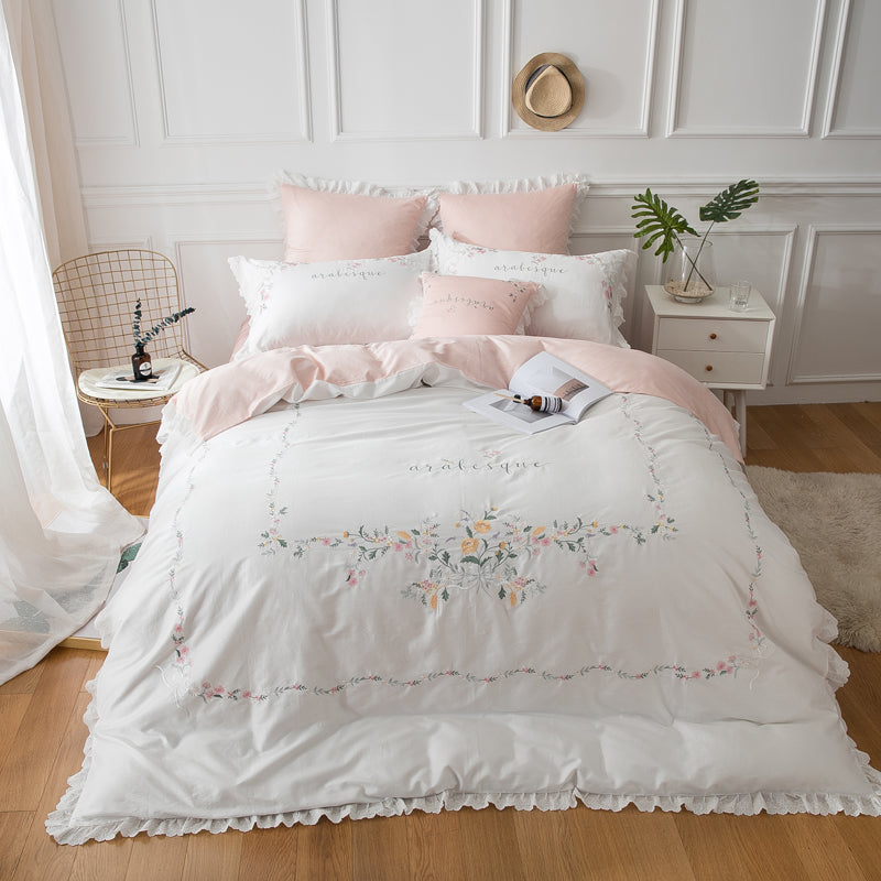 Egyptian cotton bedding sets white Embroidery bed linen