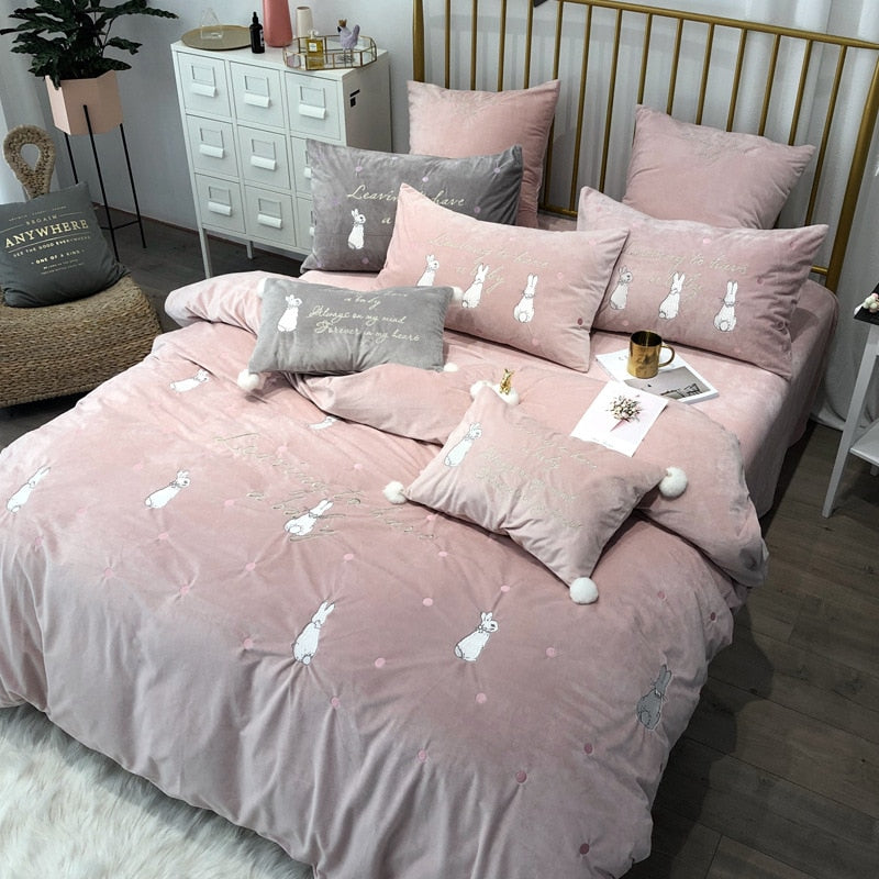 Coral fleece embroidered bedding set